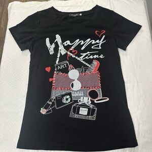 Black Graphic Short Sleeve Tee with Red Accents